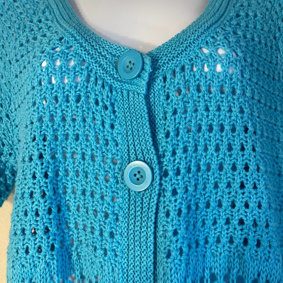 St Johns Bay Aqua Turquoise Cotton Ramie Pointelle Open Weave Cardigan L - Picture 2 of 8